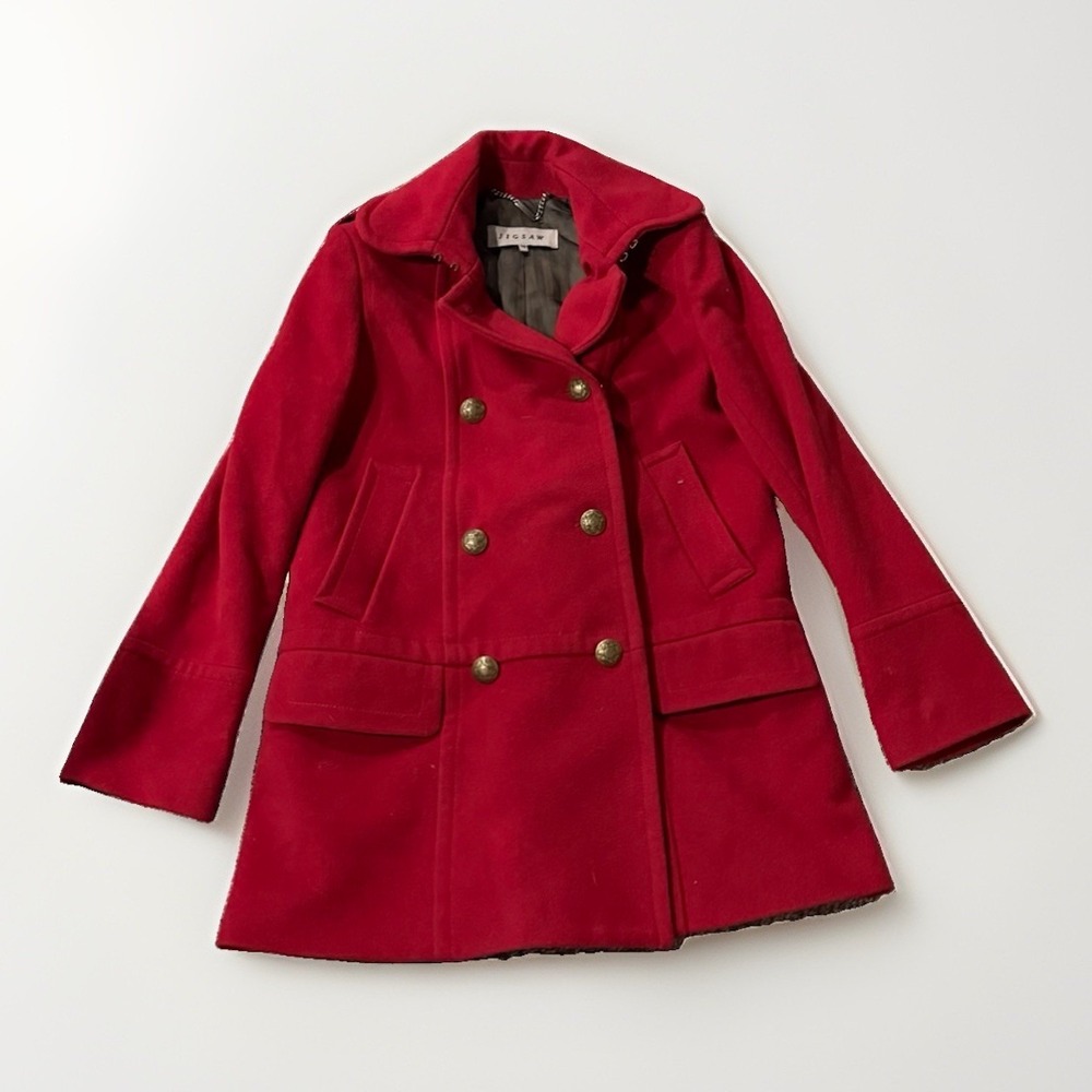 Jigsaw Red Wool Cashmere Military Coat UK 12 US 8 Brass Buttons